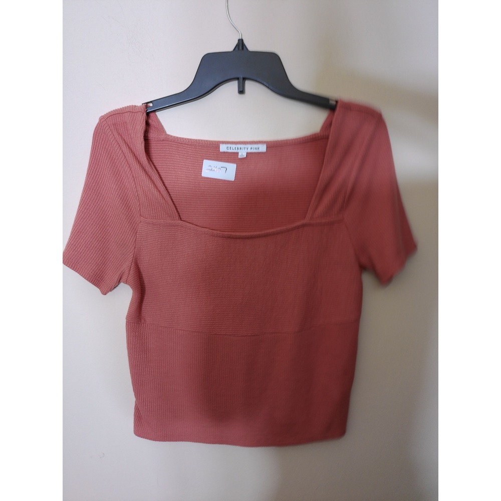 Celebrity Pink Top Women Large Coral Ribbed Square Neck Short Sleeve Crop 2167